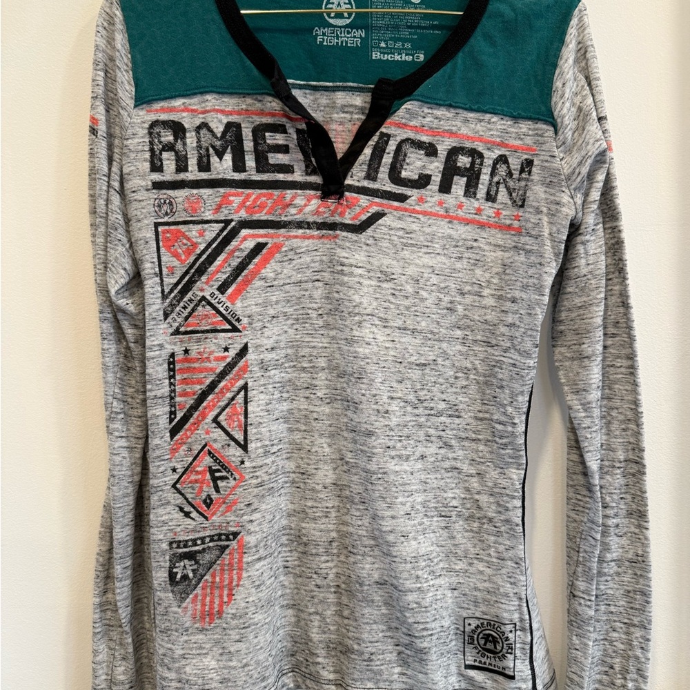 American Fighter Gray and Teal Graphic Long Sleeve